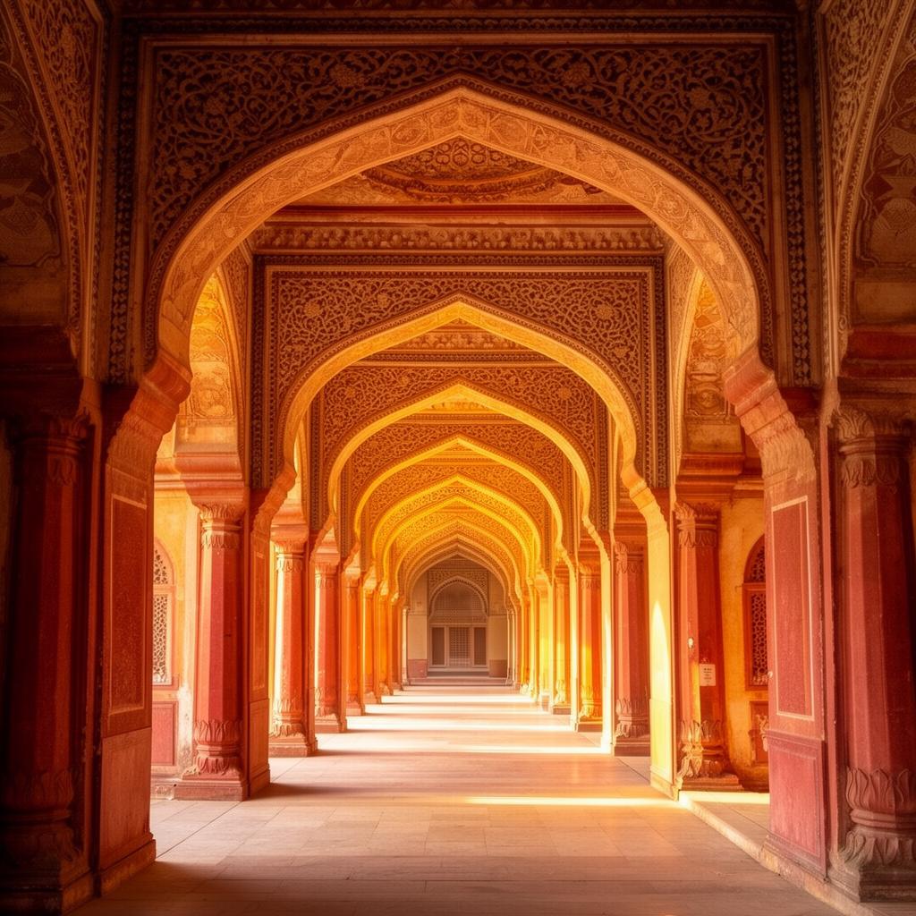 Mughal architecture with ornate arched corridors