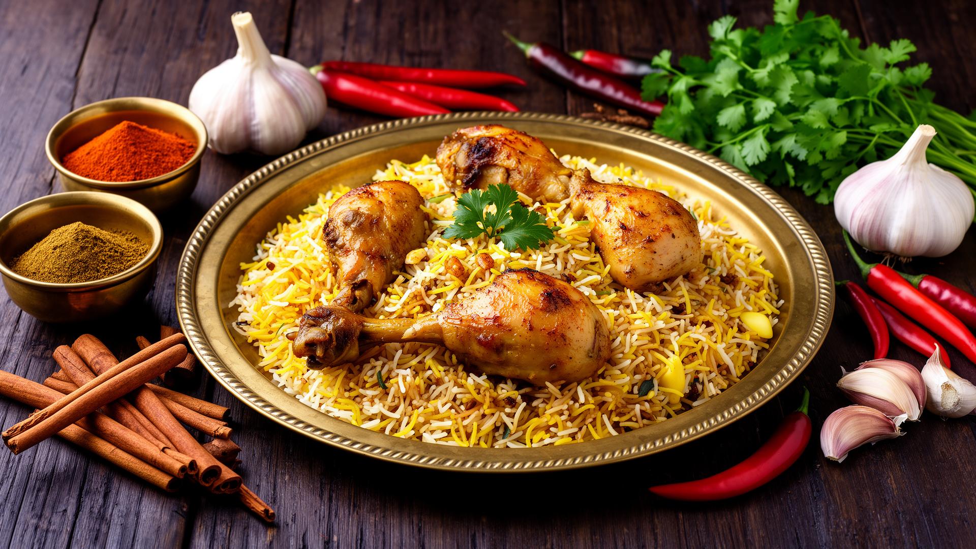 Freshly prepared ZAZA Mughal chicken biryani on a brass plate surrounded by aromatic whole spices, cinnamon, garlic, and chili peppers