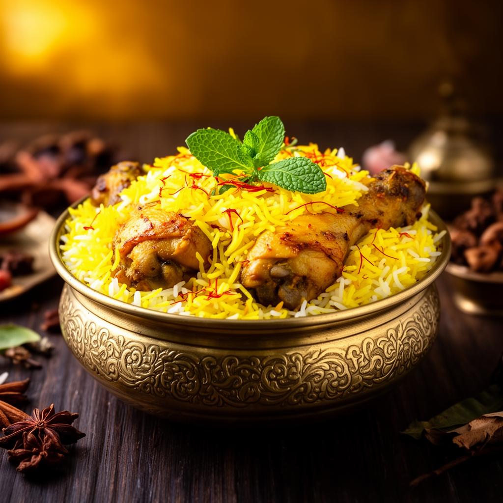 Authentic ZAZA Mughal chicken biryani served in a brass bowl with saffron rice, mint garnish, accompanied by raita and spices